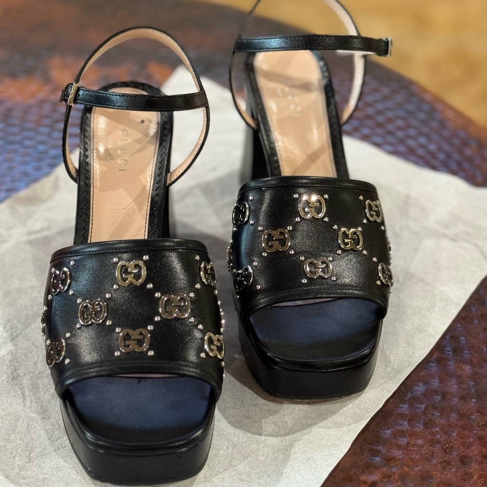 Gucci Black Platform Sandals with Iconic GG Pattern - Size 37.5